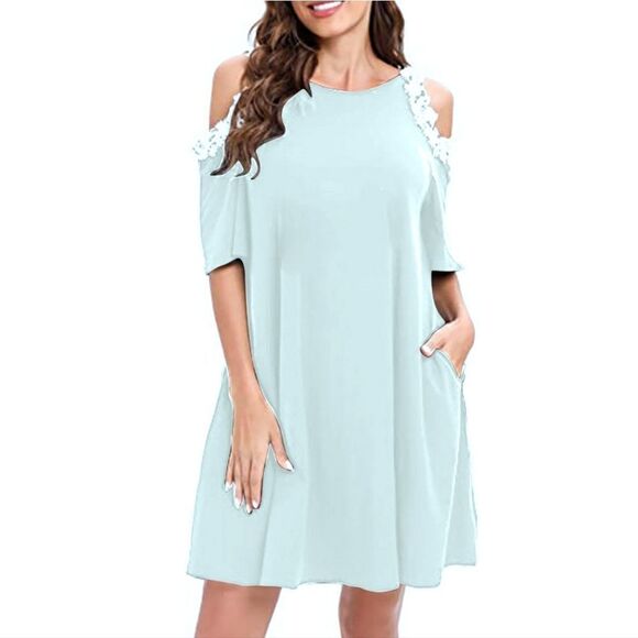 NWT Aofur Boho Chiffon Mini Dress, Cold Shoulder Crochet Lace Tunic - Picture 2 of 11